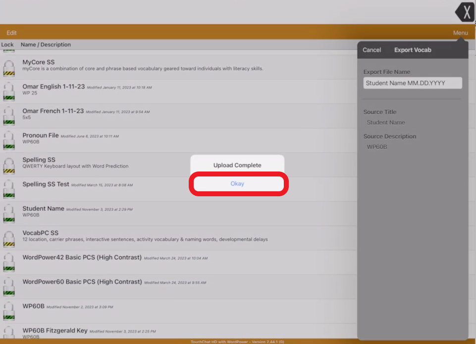 screen shot of Dropbox upload pop up with Okay outlined in red