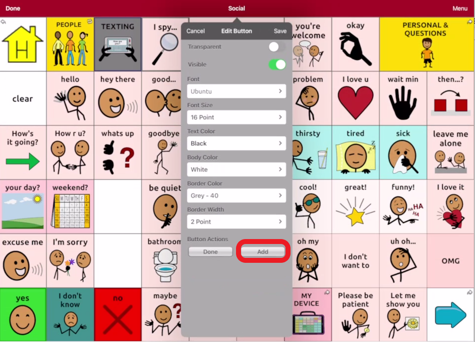 screen shot of Touch Chat with the Add button action button outlined in red