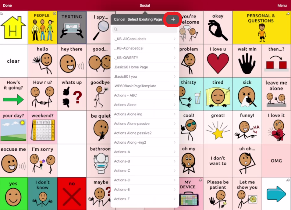 screen shot of touch chat edit pup up with plus in top corner outlined in red