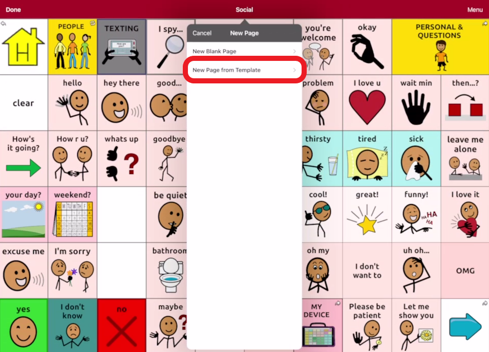 screen shot of Touch Chat editing pop up with "Add page from template" outlined in red