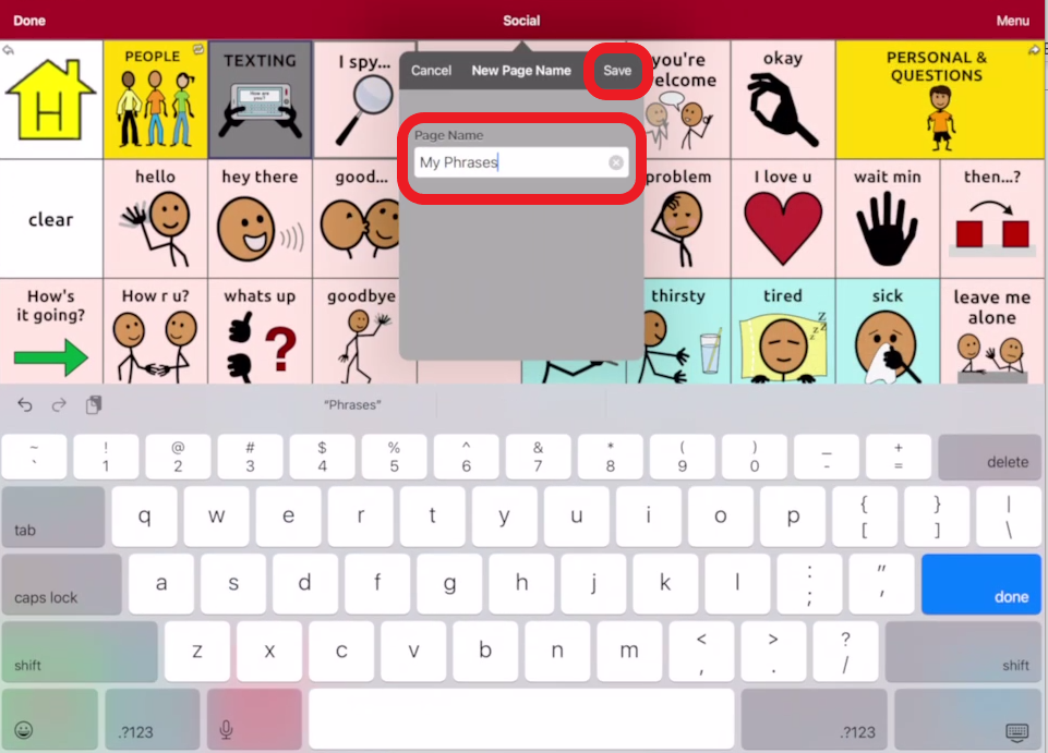 screen shot of Touch Chat editing pop up and keyboard for entering the name of the new page