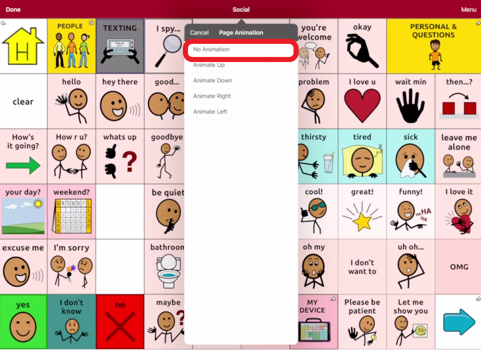 screen shot of touch chat editing pop up with "no animation" outlined in red