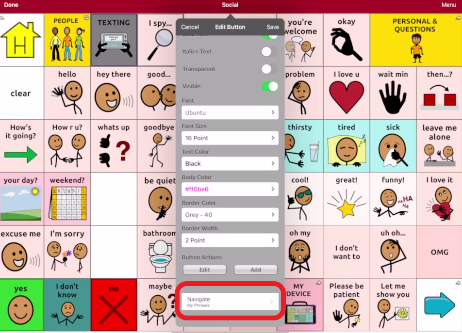 screen shot of Touch Chat editing pop up with button action outlined in red