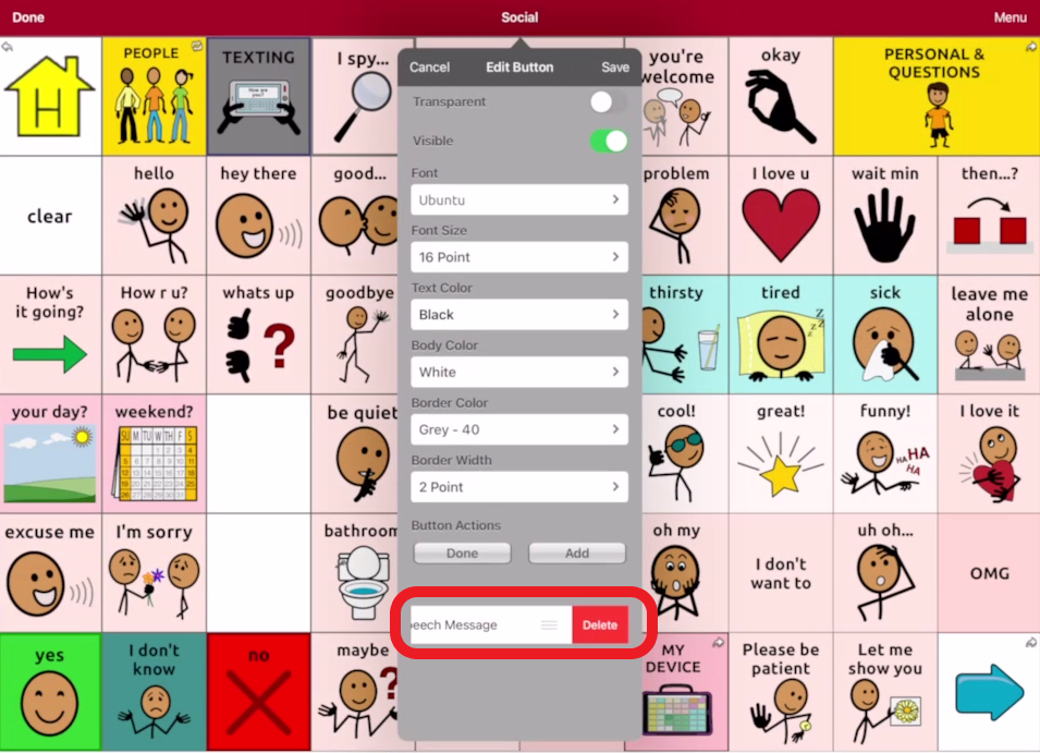 screen shot of Touch Chat editing pop up with delete button action outlined in red