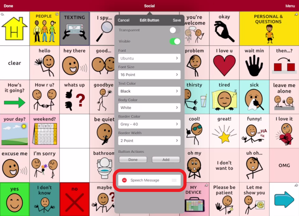 screen shot of Touch Chat editing pop up with edit button action outlined in red