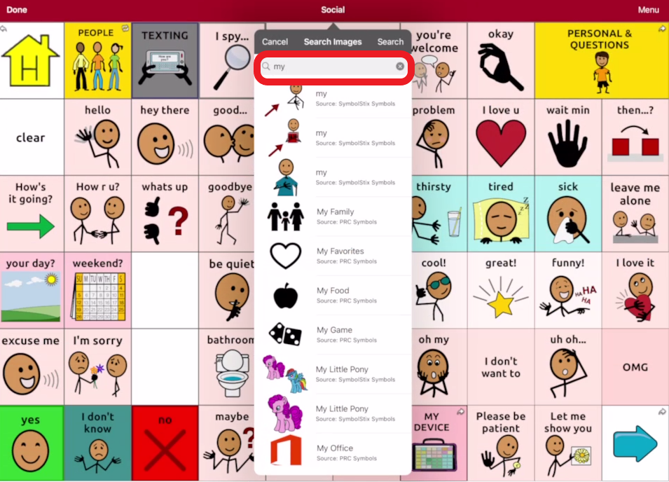 screen shot of Touch Chat editing pop up with find picture outlined in red