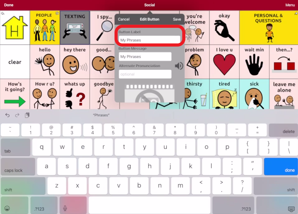 screen shot of Touch Chat editing pop up with button name outlined in red