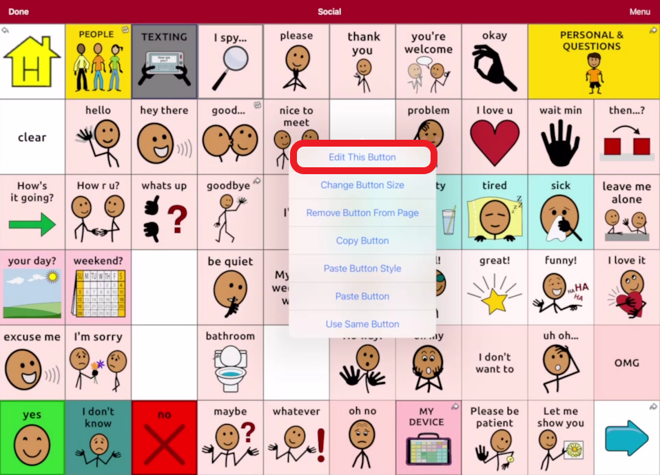 screen shot of Touch Chat editing with a pop up and edit this button outlined in red