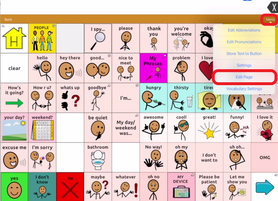 screen shot of Menu pop up in Touch Chat with edit page outlined in red
