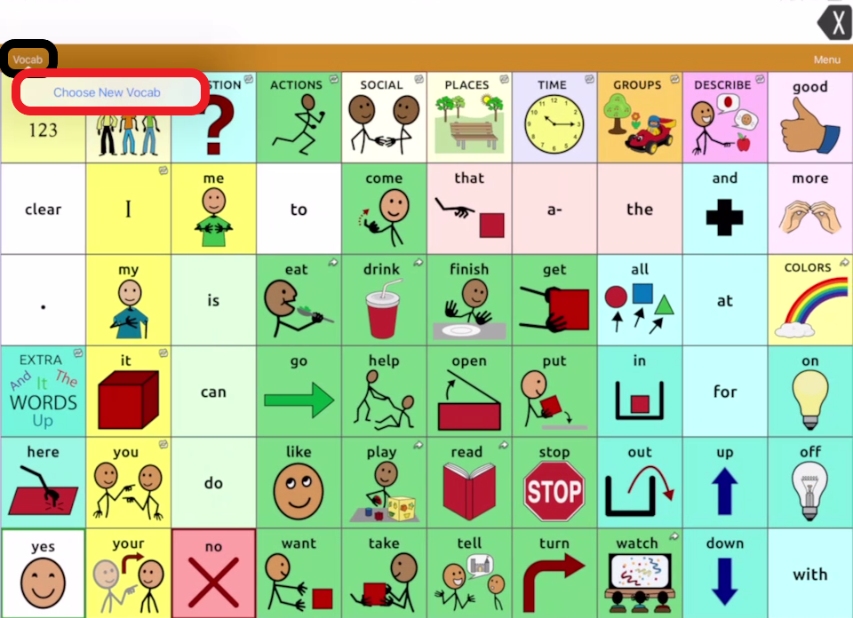 screen shot of touch chat with menu and choose new vocab buttons outlined