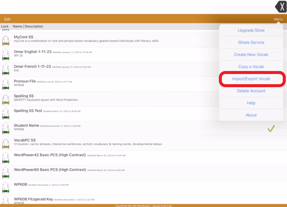 screen shot of Touch Chat menu pop up with import/export vocab outlined in red