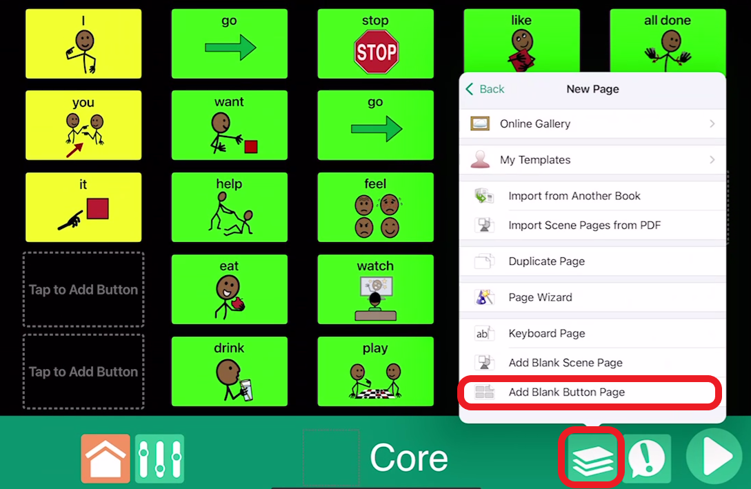 screen shot of add a new page pop up in Go Talk Now with blank button page outlined in red