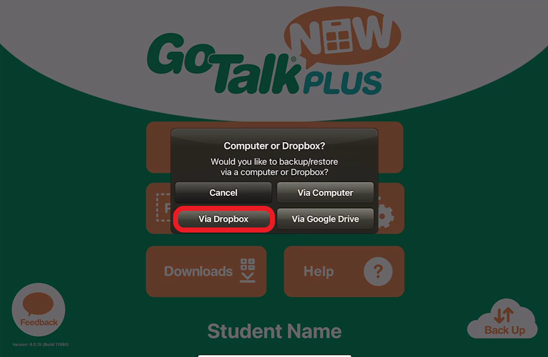 Go Talk Now backup pop up with Dropbox outlined in red