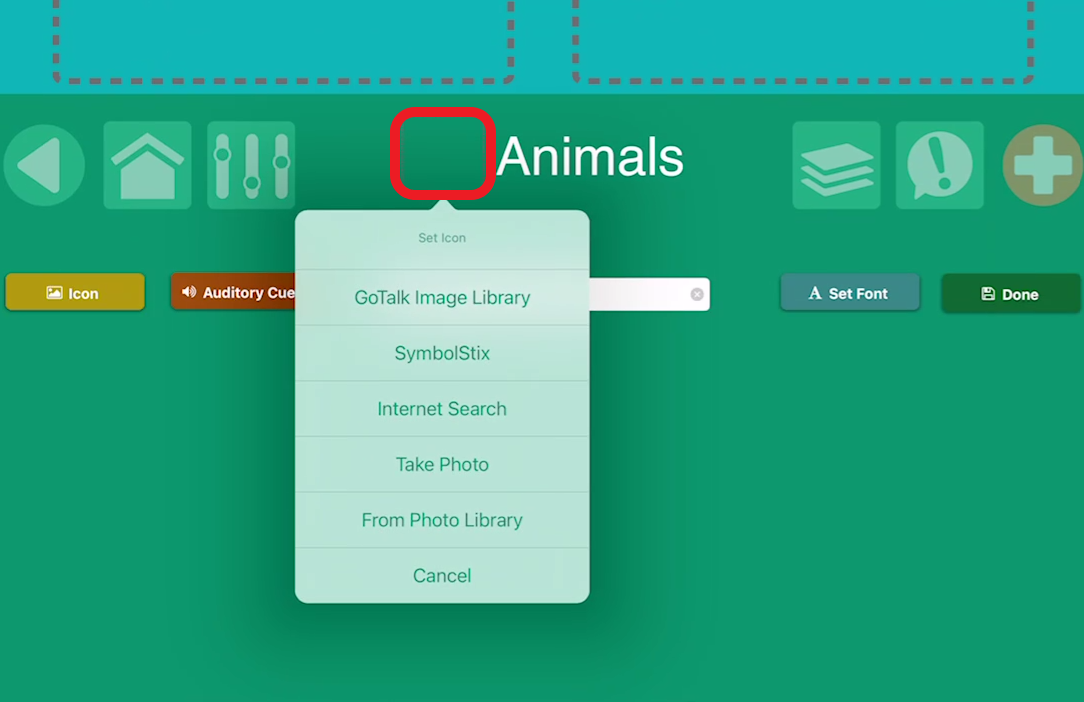 screen shot of image pop up menu for page name in Go Talk Now
