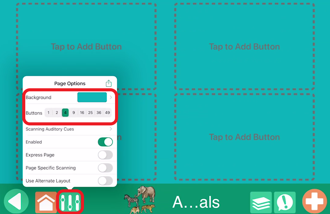 page options pop up menu in Go Talk Now