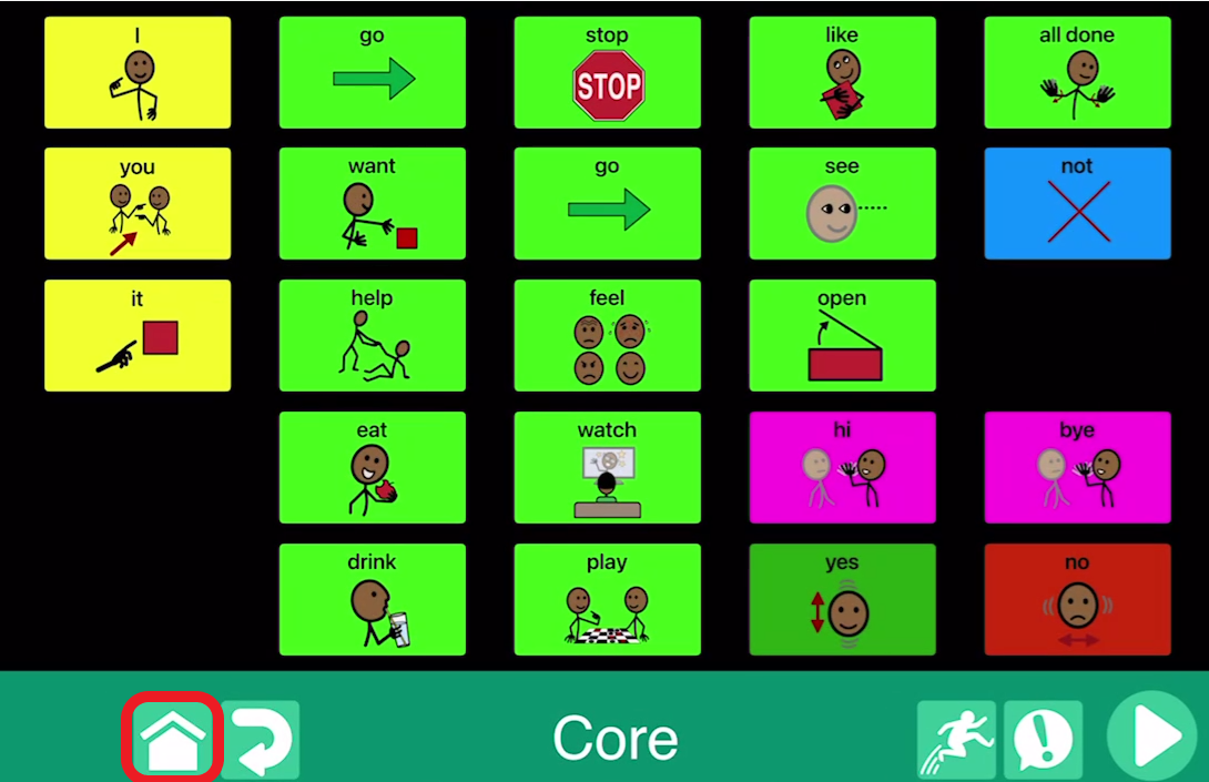 screen shot of Go Talk Now app with the Home icon outlined in red