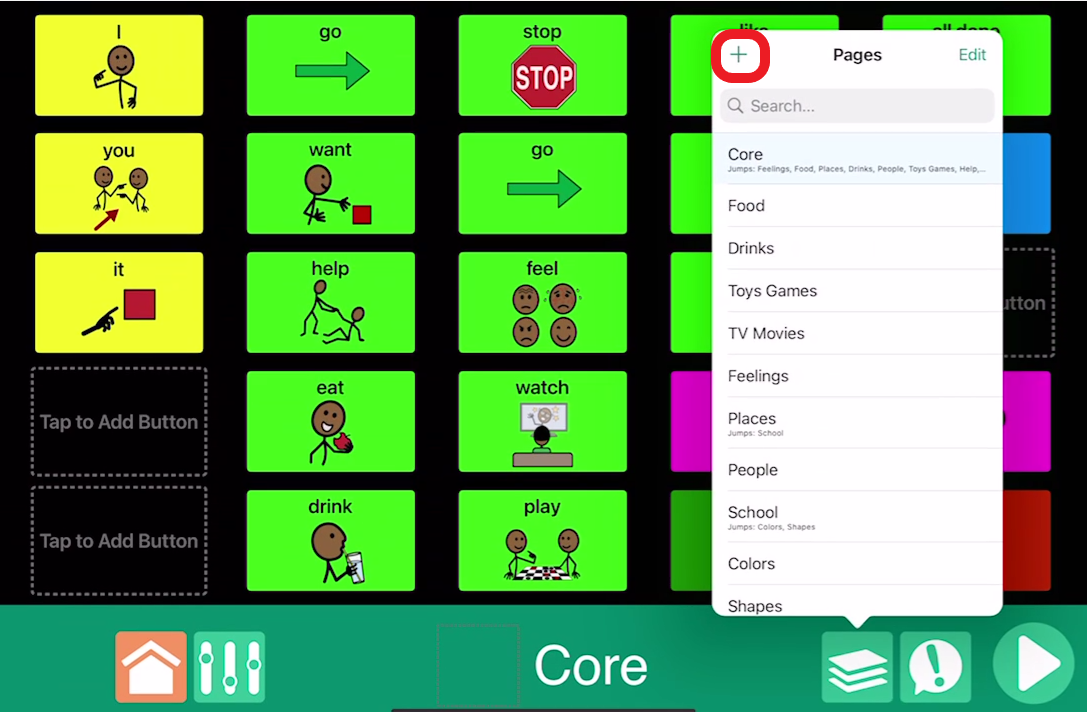 screen shot of Go Talk Now pages pop up with the plus icon in the corner outlined in red