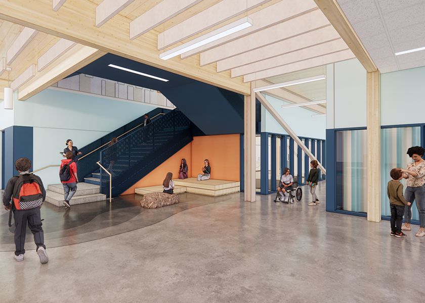 drawing of large open space with a stairway going up