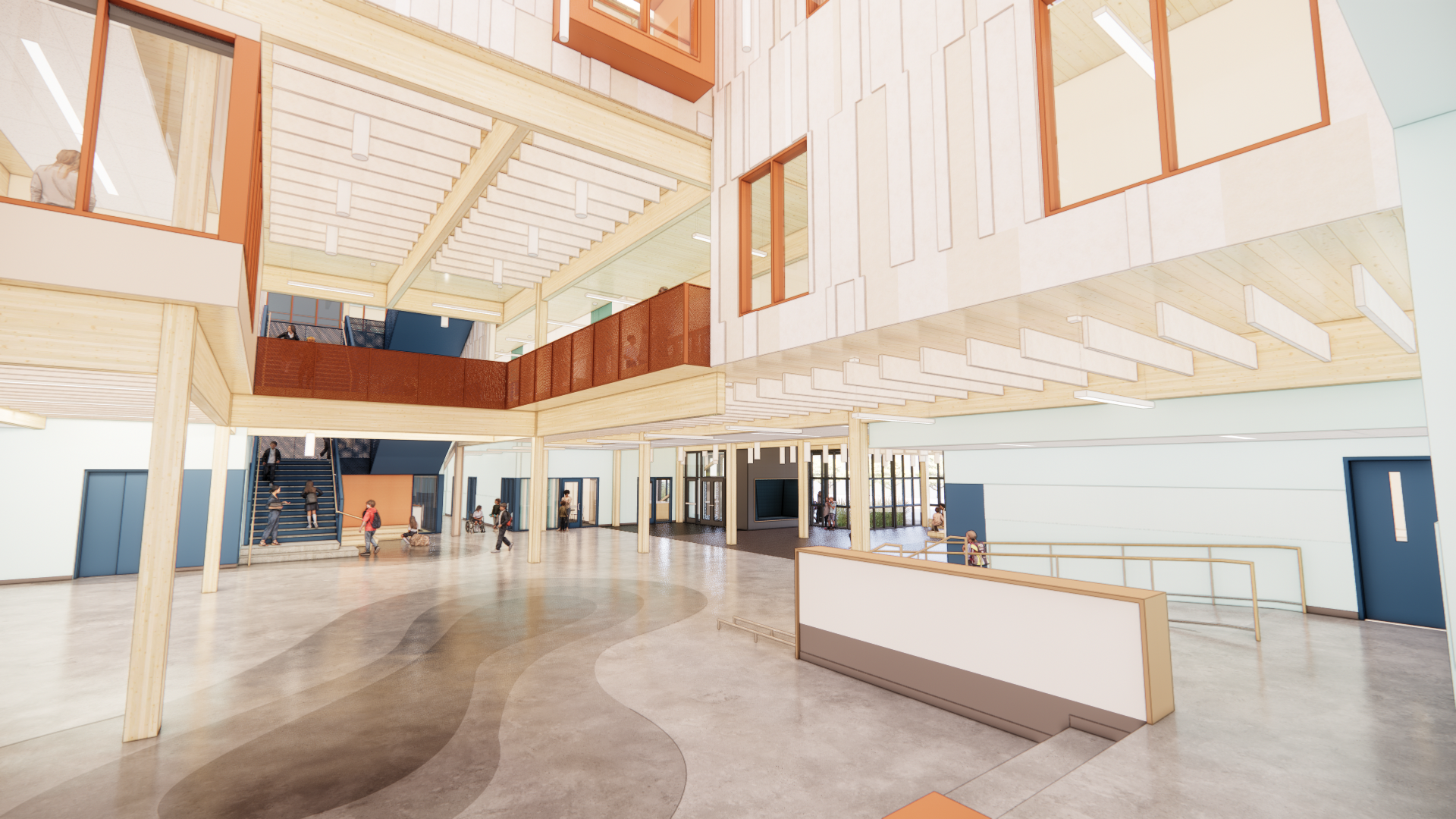 drawing of a large space with a stairs, a ramp, and a view through to a different room