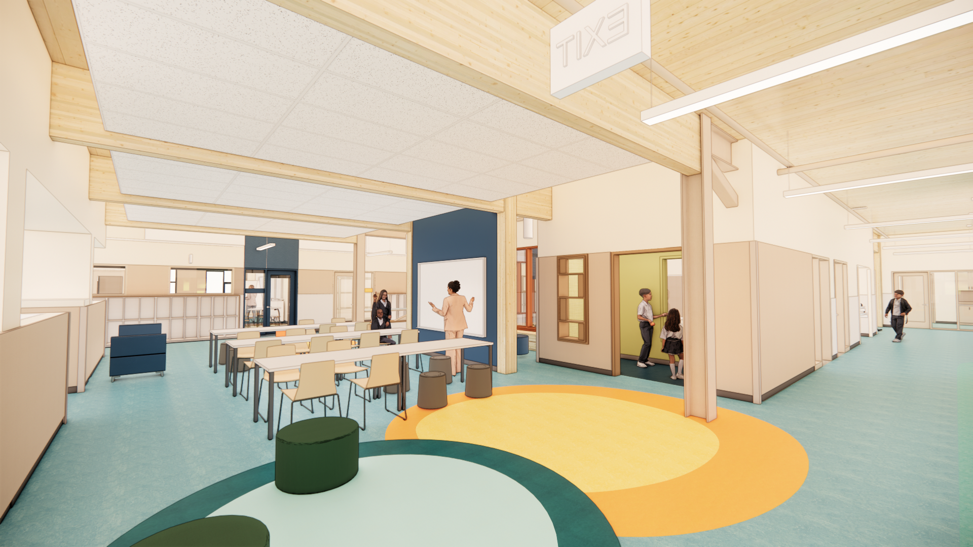 a space with a colorful floor, some shelves, and tables/chairs