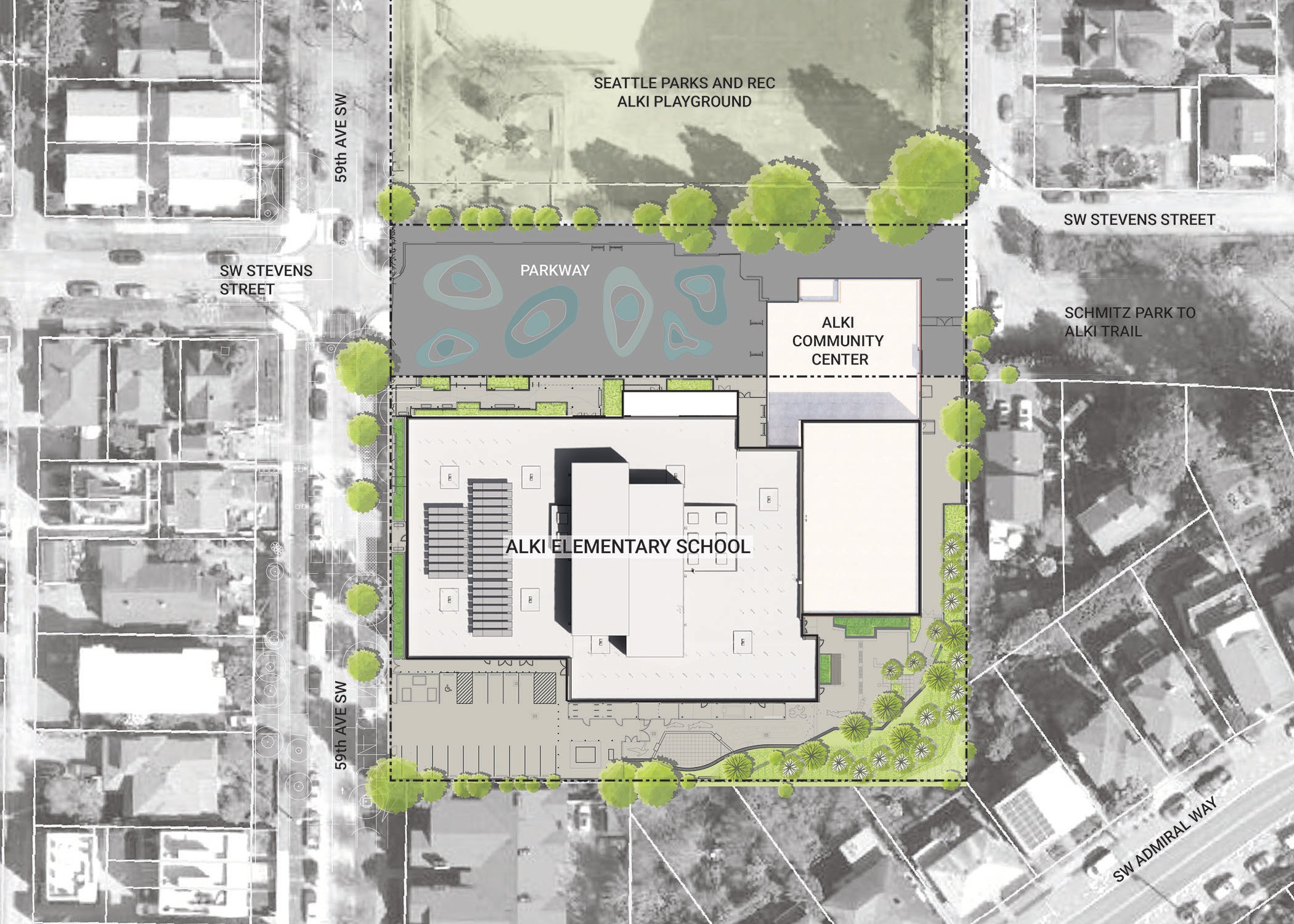 a drawing of a building and site plan from above overlaying a map of the neighborhood