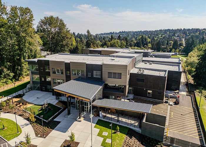 aerial of a school building with walkways and loading dock