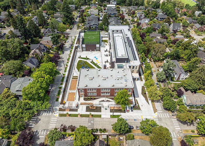 Aerial of the entire school campus and surrounding neighborhood