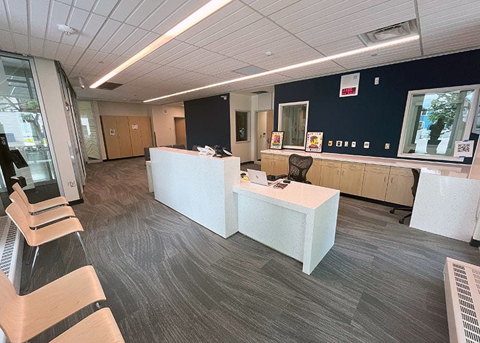 a school office with counters