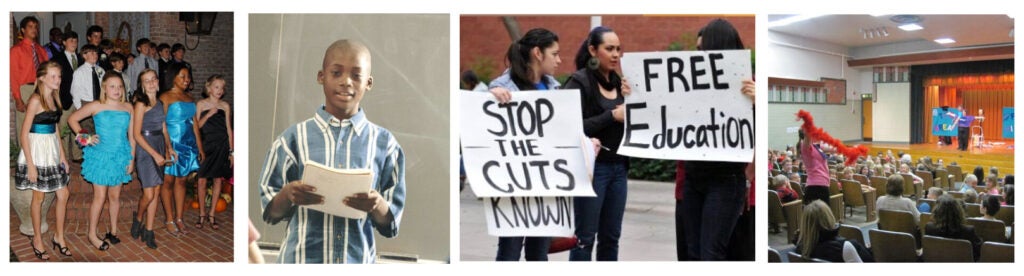 collage of students speaking, dancing, in auditorium.