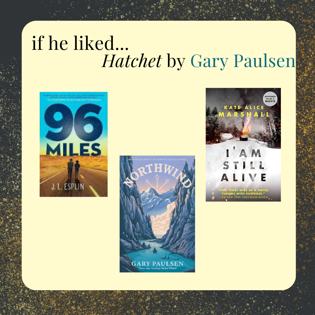 if he liked Hatchet by Gary Paulsen, then try 96 Miles by J.L. Esplin, or Northwind by Gary Paulsen, or I am Still Alive by Kate Alice Marshall