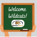 Chalkboard with text: Welcome Wildcats! and Whitman MS Logo