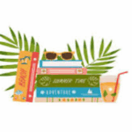 Stack of books banner with sunglasses sitting on the top and palm leaves.