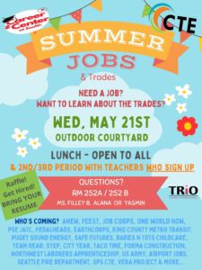 Summer Jobs & Trades Fair - May 21st in Outdoor Courtyard
Need a job?
Want to learn about the Trades?
Open to all during lunch