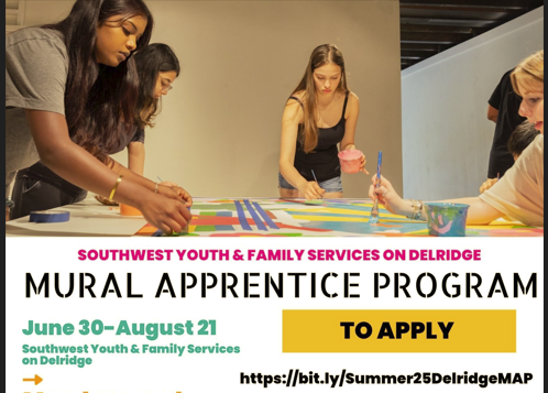 Mural Apprenticeship Program Southwest Youth & Family Services on Delridge
June 30-August 21 to apply: https://bit.ly/Sumer25DelridgeMAP