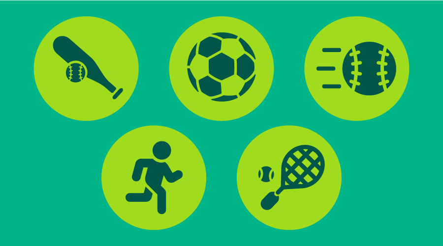 Graphic of spring sports includes a baseball and bat, a soccer ball, a fastpitch softball, a person running in track and field, and a tennis racket