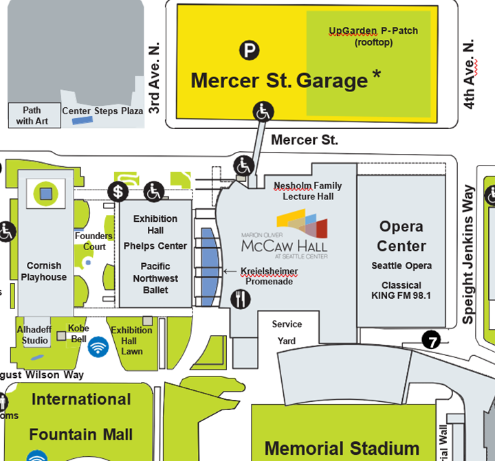 Map location of McCaw Hall on Mercer Street beside the Opera Center and Exhibition Hall.