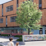 architect drawing of entrance to Kimball's new 3 story building