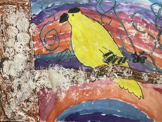 mixed media of a goldfinch on a multi colored background