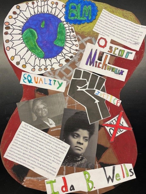 mixed media on shield shape with text related to BLM