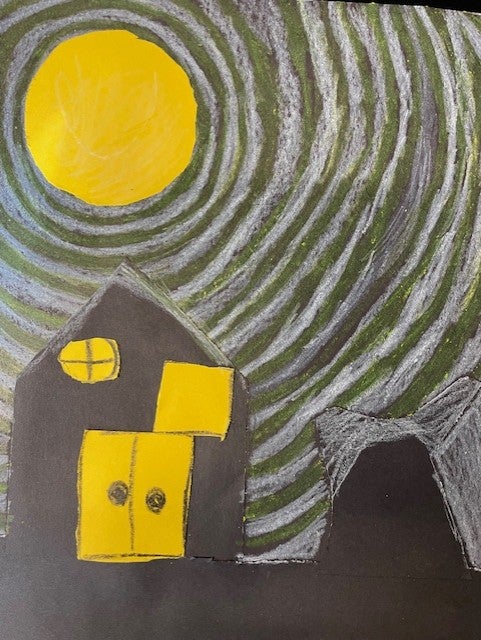 mixed media of house and moon with moon beams.