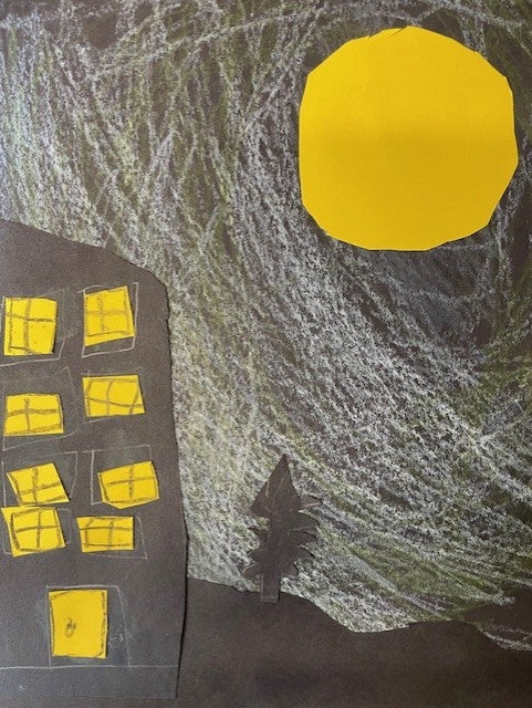 mixed media of house and moon with moon beams.