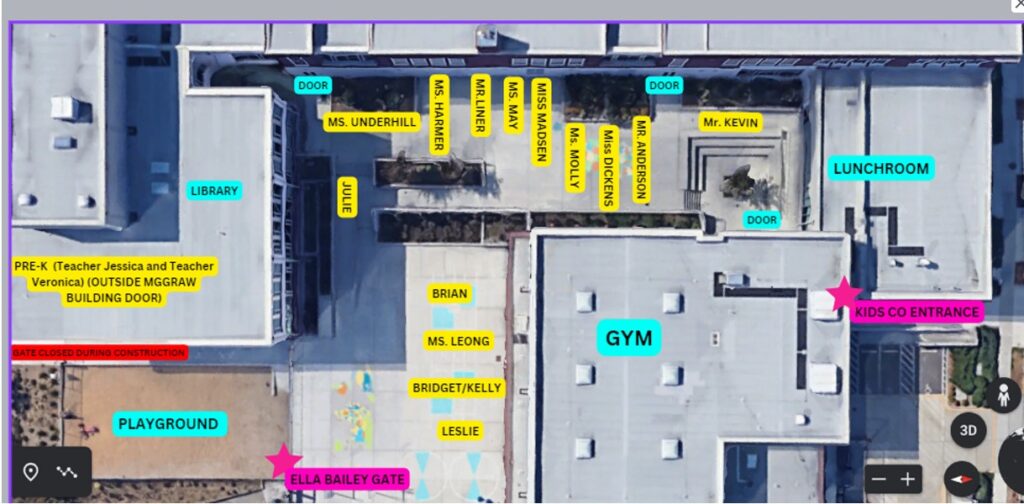 Arial shot of Magnolia Elementary. Entrances marked in pink. Doors, gym, lunchroom marked in blue. Class lines marked in yellow.