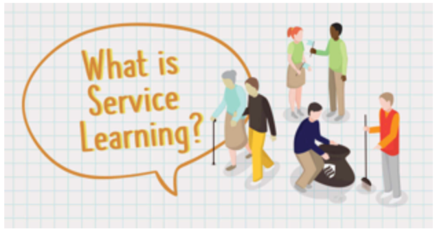 Students helping people walk, clean up. Text: What is Service Learning