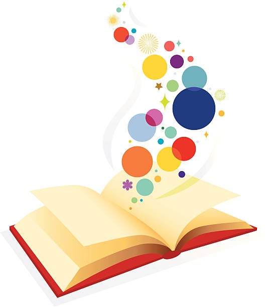 Open book revealing graphic elements that symbolize stories, ideas and/or imagination.