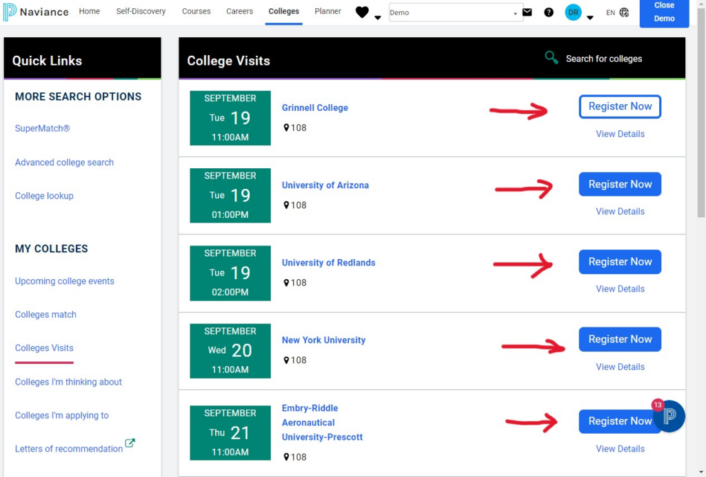 All colleges that are scheduled will be listed and you can select them individually to register and then you're done! See you in Room 110!