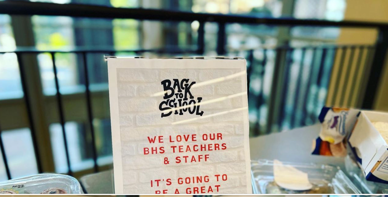 Back to School Treats Table with sandwiches and coffee