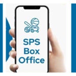 SPS Logos and Cell Phone with Sports Equipment and text: SPS Box Office