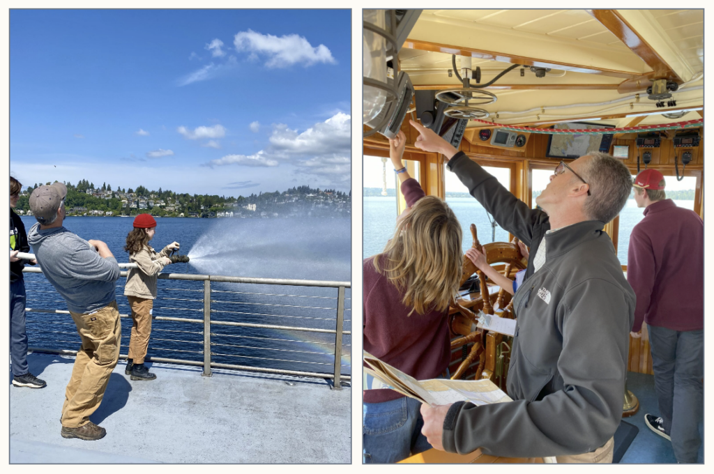 Student with water hose on ship. Staff Foster with students on the water.