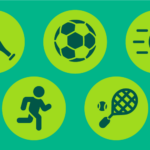 Graphic of spring sports includes a baseball and bat, a soccer ball, a fastpitch softball, a person running in track and field, and a tennis racket