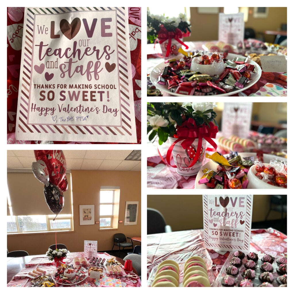 Valentines Collage. Card, Table with candy, flowers, and cookies